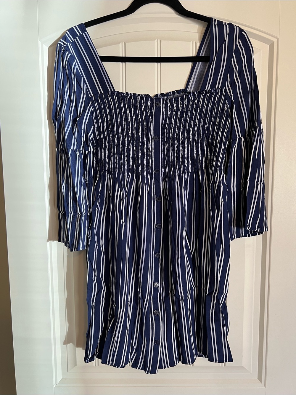 Jack by BB Dakota Navy Striped Smocked Button-Down Women’s Dress